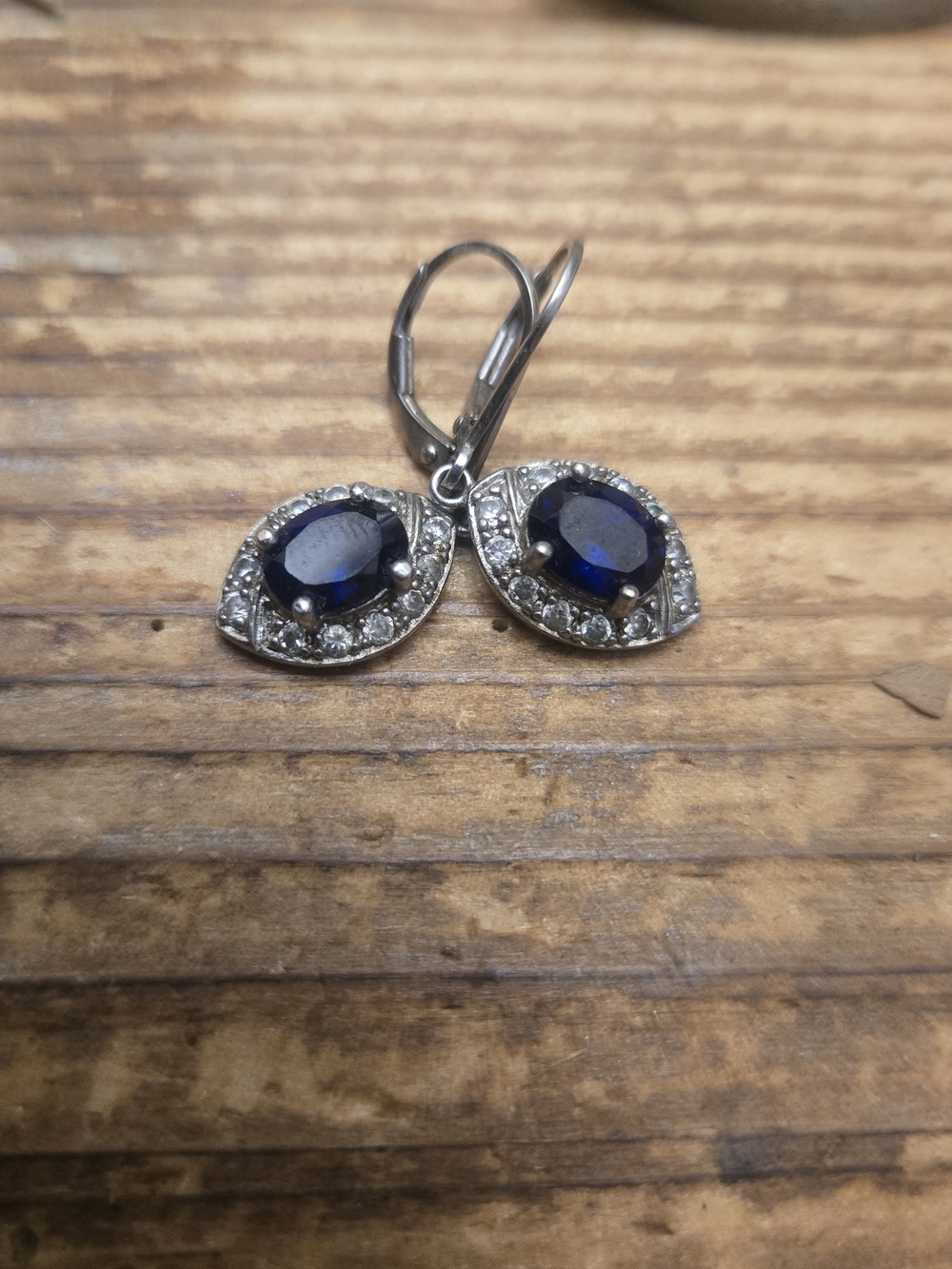 Silver Drop Earrings with Deep Blue Oval Stones